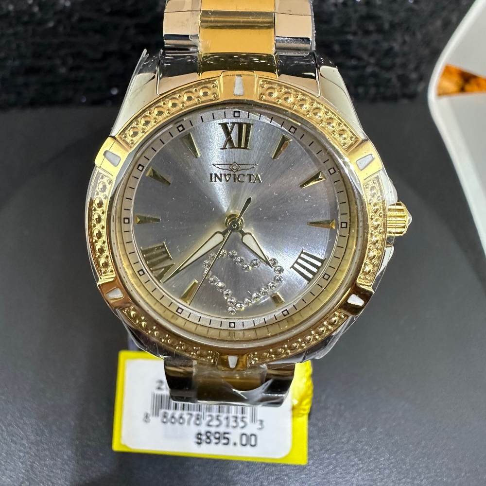 Women's (NWT) Two-Toned Bulova Watch with Crystal Heart on Face and Gold Bezel